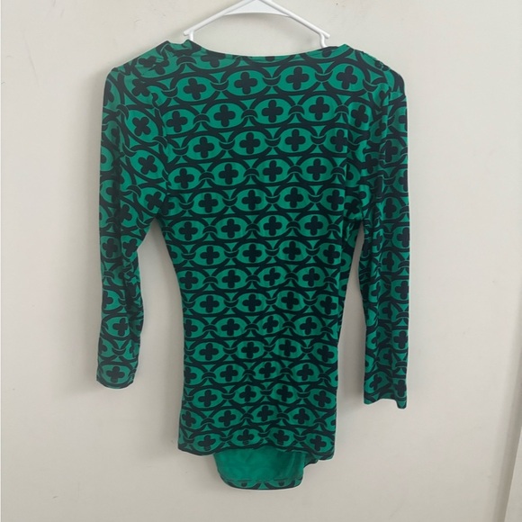 Boden Cross Green Black Faux Wrap Blouse V-Neck Women Cross Over Stretch Size 4 - Picture 2 of 4